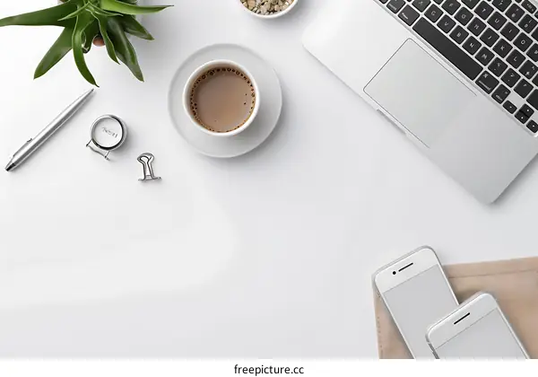 White Office Desk Top View Flat Lay with Coffee and Laptop
