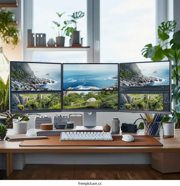 Modern Minimalist Workspace with Three Monitors and Coffee Cup