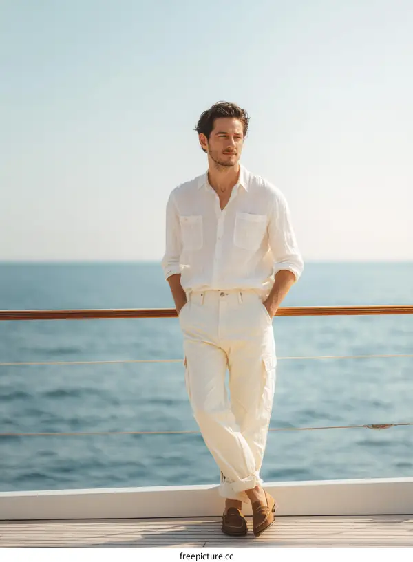 Stylish Man in White Linen Outfit by the Sea