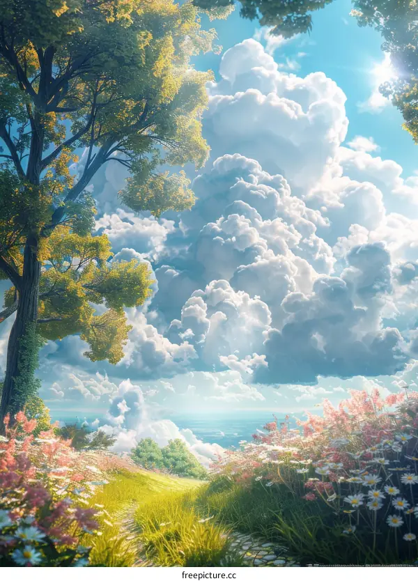 Beautiful Sky with Lush Trees and Flowers