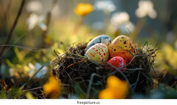 Colorful Easter eggs in a nest among the grass