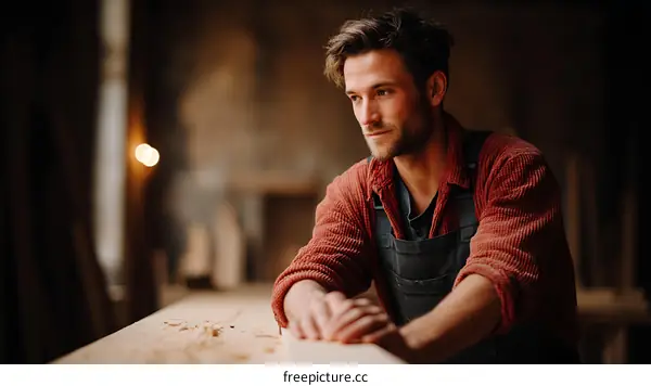 Woodworker in Workshop with Contemplative Expression