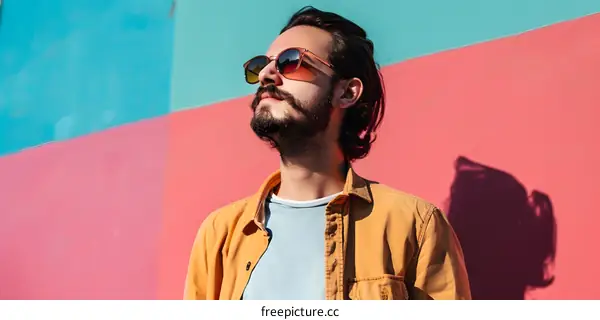 Man in Sunglasses Looking Up at the Sky Against a Colorful Wall