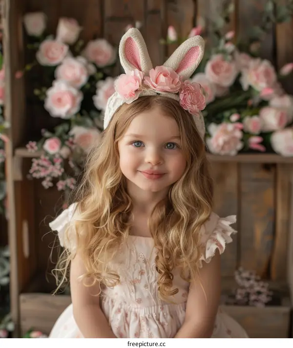 Little girl wearing bunny ears headband with pink roses