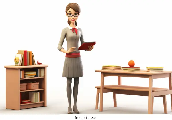 Smiling Female Teacher Using Tablet in Classroom