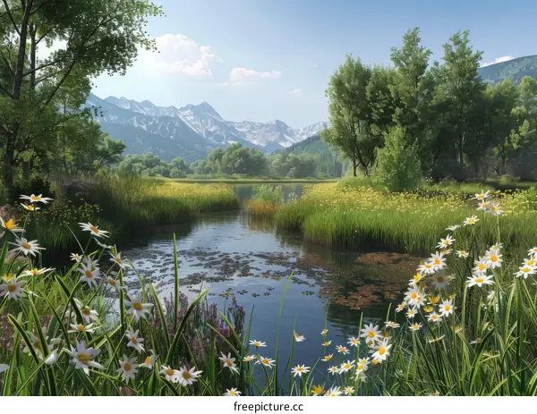 Serene Mountain Lake with Chamomile Meadow in Summer