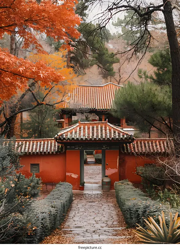 Courtyard with red walls and grey roof tiles