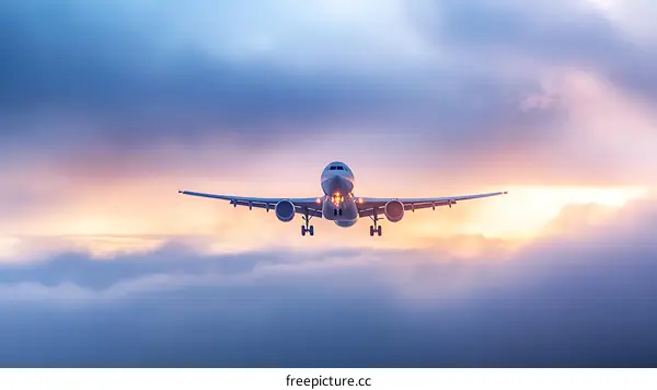 Airplane Landing in Cloudy Sunset Sky