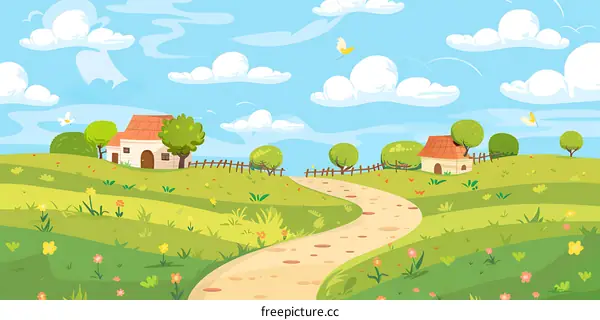 Cartoon Illustration of a Winding Road Through a Lush Green Meadow with Two Small Houses