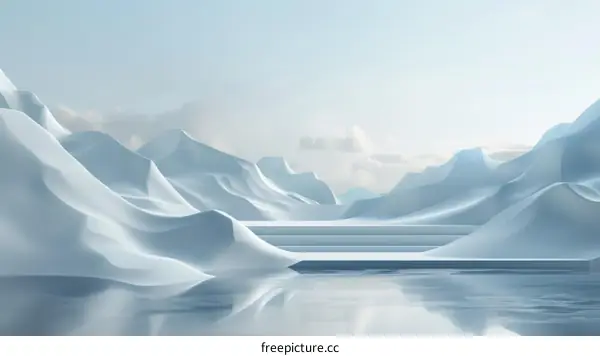Minimalist White Landscape with Mountains and Water