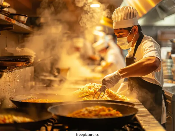 Stir-frying in a hot wok in a commercial kitchen
