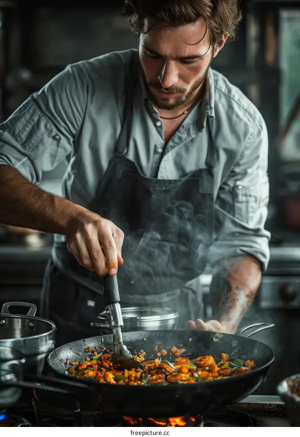 Young male chef cooking in a commercial kitchen