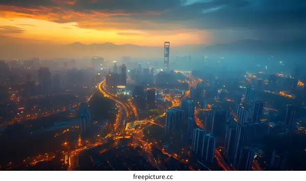 Aerial View of a Modern City at Sunrise