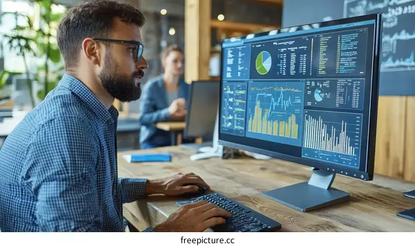 Businessman working on computer with multiple charts