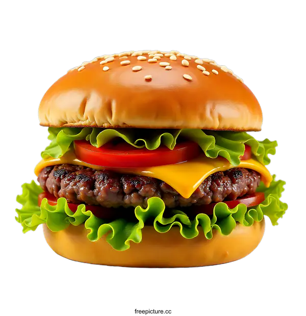 [Transparent Background PNG]Juicy Cheeseburger with Lettuce and Tomato on Sesame Seed Bun