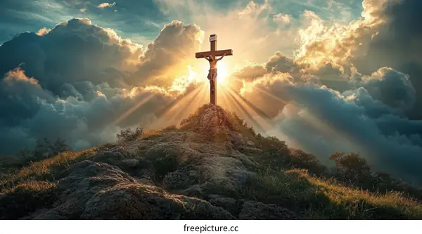 Religious Cross on Mountaintop at Sunrise