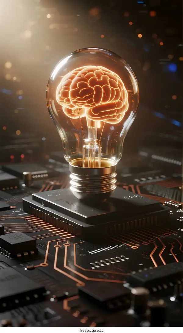 Light Bulb with Human Brain Inside on Circuit Board