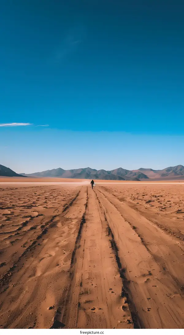 Lone Figure Walking on a Dusty Road in the Desert