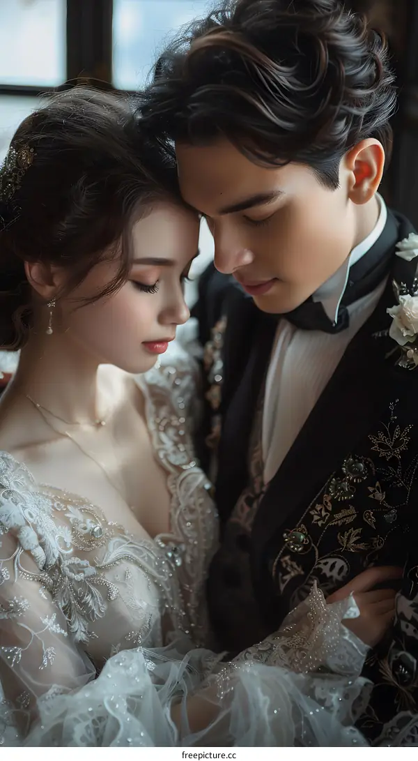 A couple is hugging each other deeply in the church on their wedding day