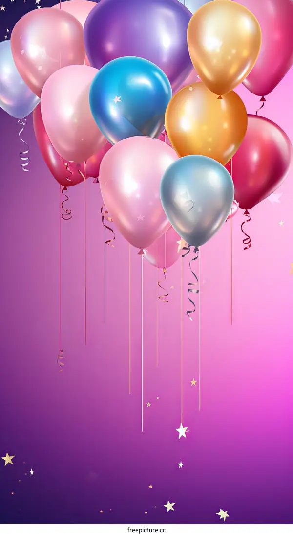 Colorful 3D Balloons with Stars and Confetti on Purple Background