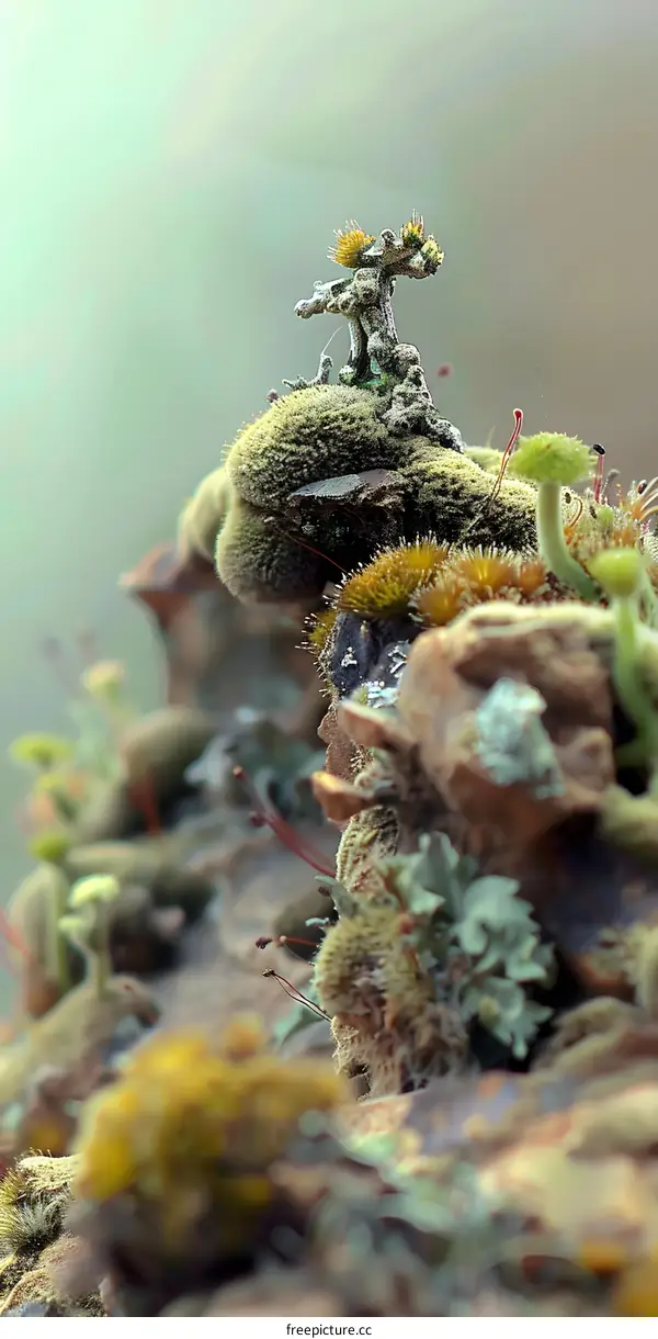 Macro Photography of a Small Tree with Moss and Lichen