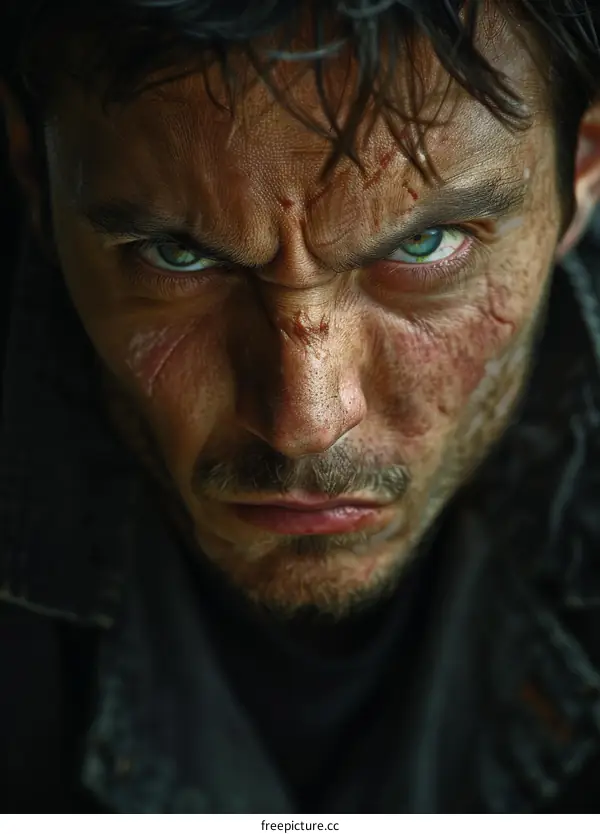 Close-up portrait of a man with scars on his face