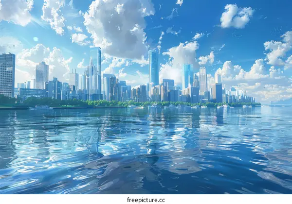 Modern City Skyline by the River on a Sunny Day