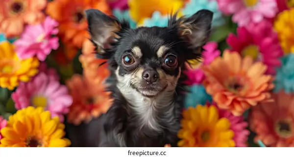 A Cute Chihuahua Dog Posing in a Vibrant Field of Flowers