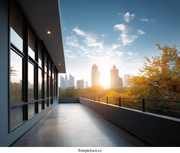 Modern Balcony View of City Skyline at Sunrise