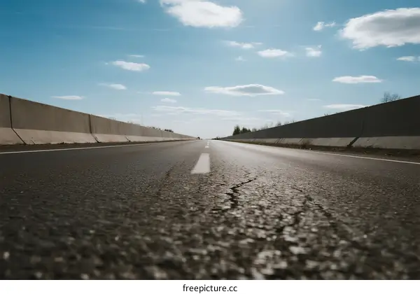 A long asphalt road under a clear blue sky with some clouds