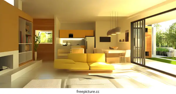 Modern Minimalist Living Room Interior Design with Yellow Sofa