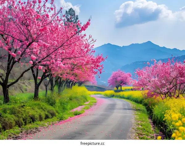 Cherry blossom road with pink and yellow flowers