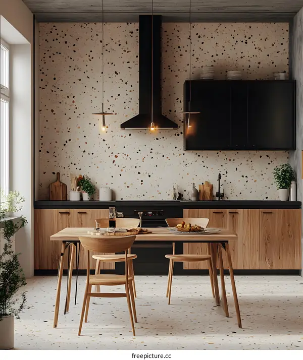 Modern Kitchen Interior Design with Terrazzo Backsplash and Wooden Table
