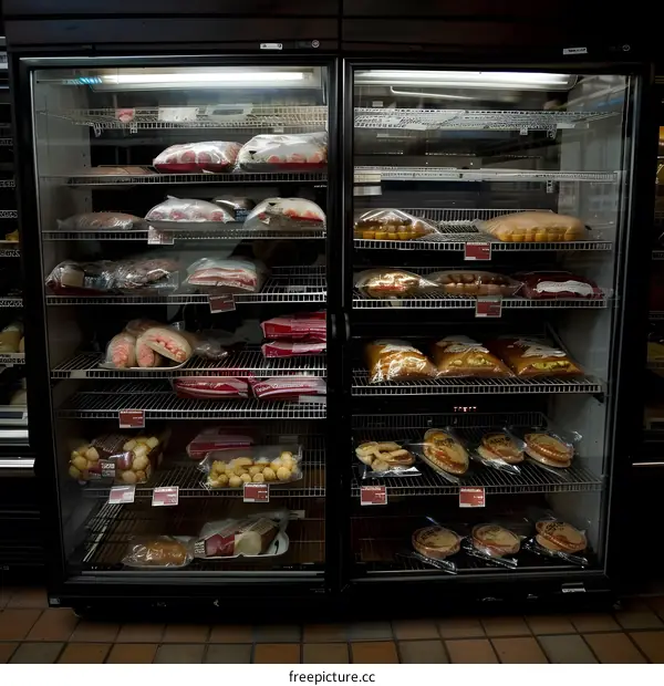 Meat and Baked Goods in a Glass Refrigerator Display Case