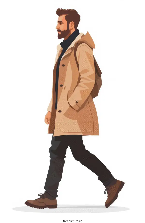 Man in brown coat and blue jeans walking