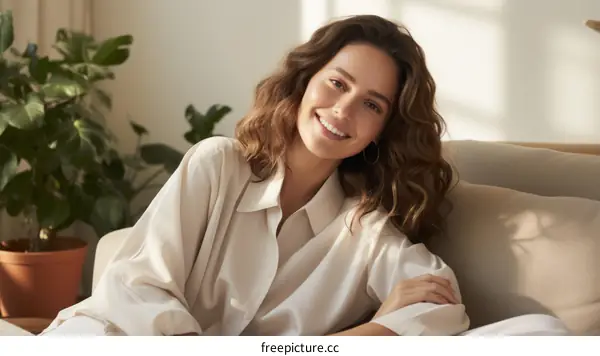 A young woman with wavy brown hair is sitting on a couch and smiling.