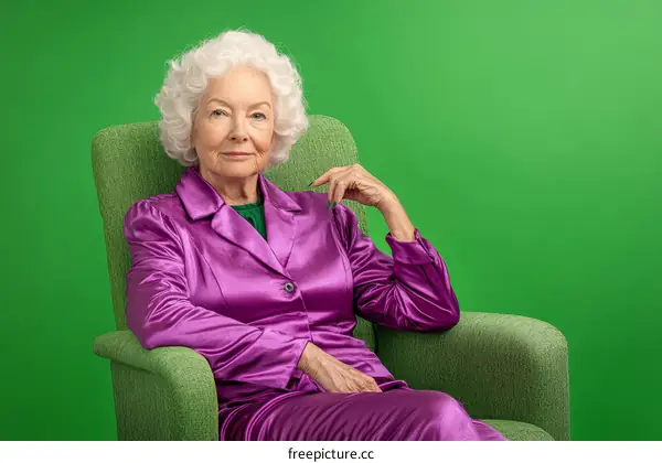Elegant Senior Woman in a Purple Satin Outfit