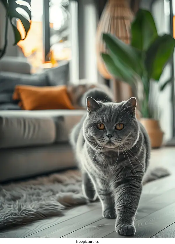 A gray cat is walking on the wooden floor in the living room