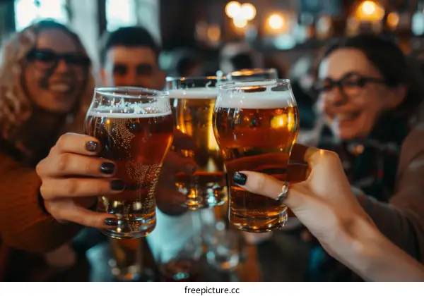 Group of friends toasting with beer glasses at a bar or pub