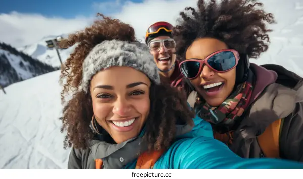 Three happy friends taking a selfie on a snowy mountain