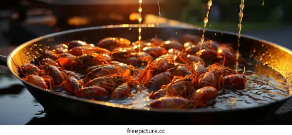 A large skillet of crawfish being boiled with water being poured over them