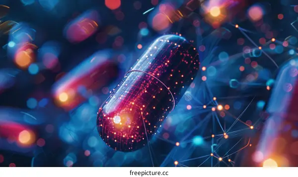 futuristic pill surrounded by a network of glowing dots