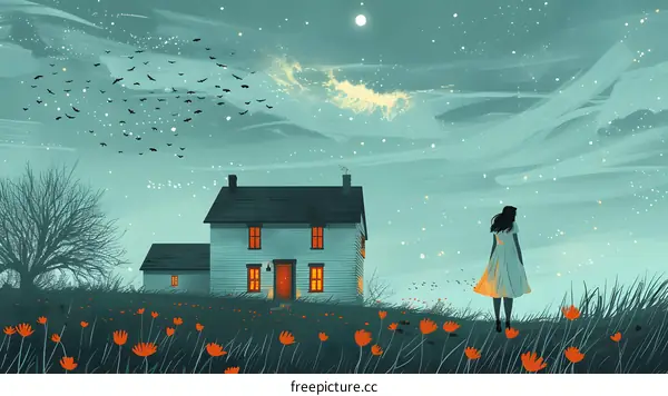 girl standing in a field of flowers looking at a house in the distance