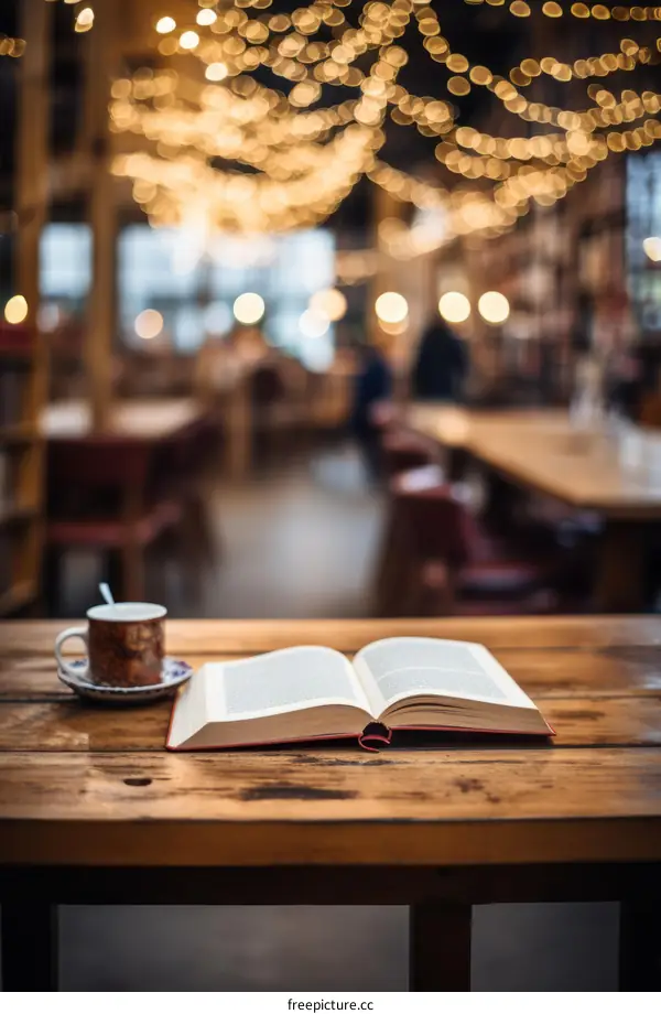 Books in Library on Wooden Table with People and Lights Bokeh