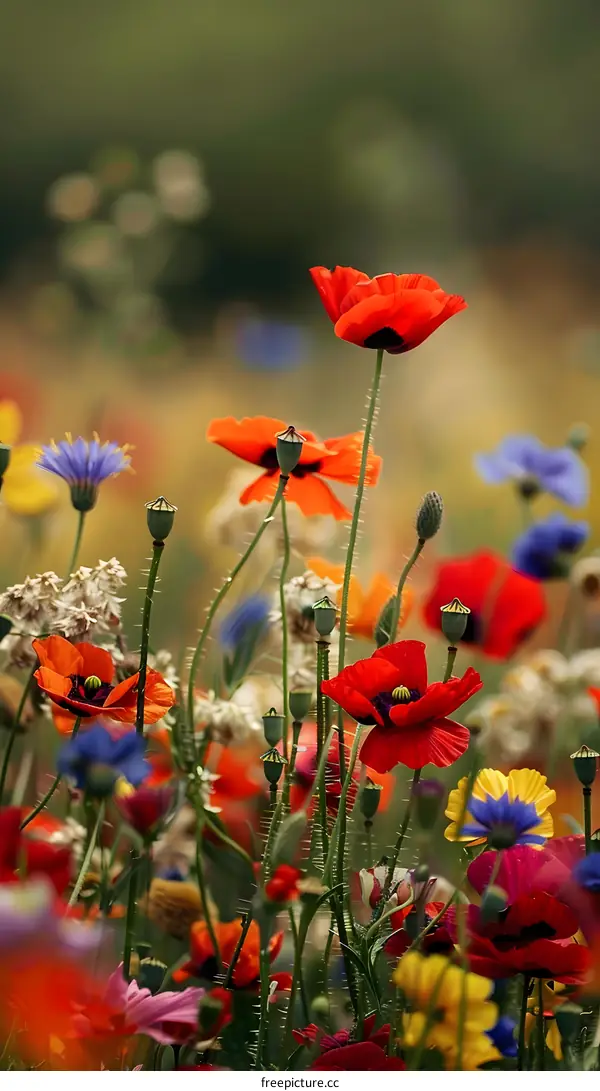 Wildflowers in a Field with Red Poppies