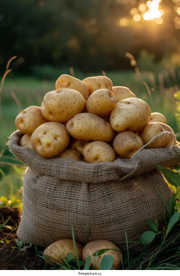 A burlap sack full of freshly harvested potatoes sits on the grass at sunset.