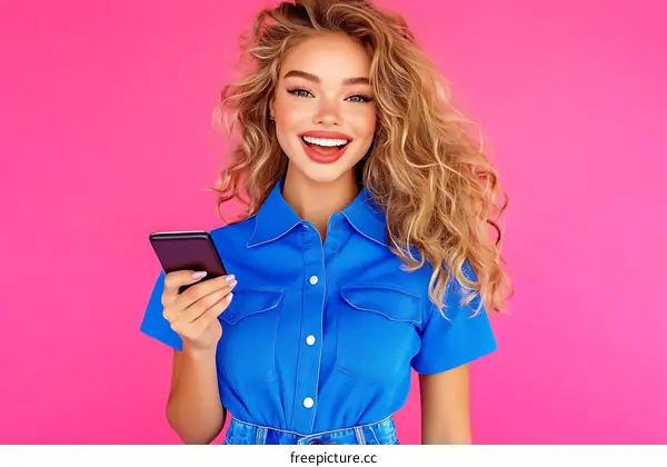 Smiling Woman Holding Smartphone in Trendy Outfit