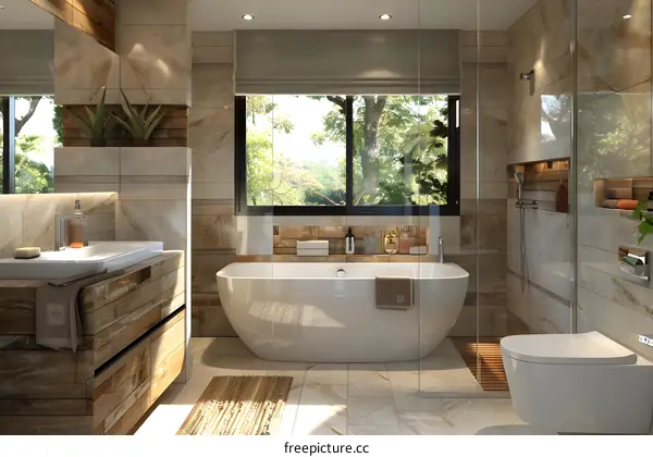 Bathroom interior with natural stone tiles and large window