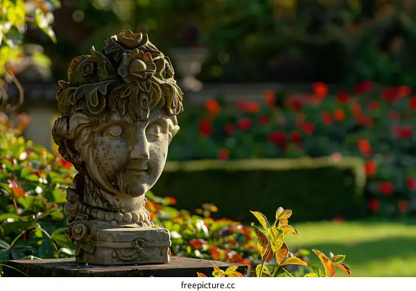 Stone Bust of a Woman in a Garden