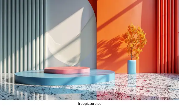 Minimalist Geometric Stage with Autumn Leaves